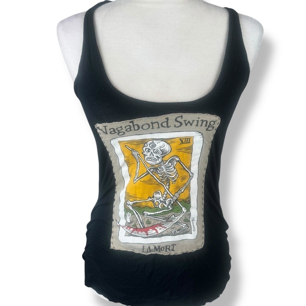 Check and Stripe Vagabond Tank Top‎ Womens Size Small Tarot Card Skeleton Indie